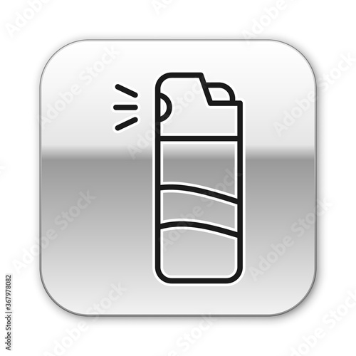 Black line Pepper spray icon isolated on white background. OC gas. Capsicum self defense aerosol. Silver square button. Vector.