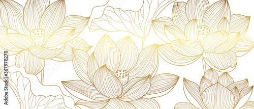 Luxury wallpaper design with Golden lotus and natural background. Lotus line arts design for fabric, prints and background texture, Vector illustration.