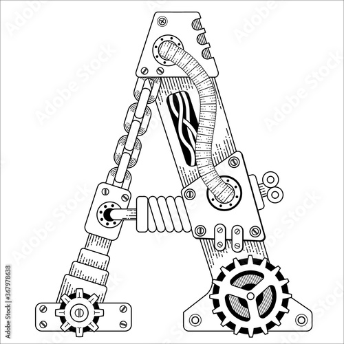 Vector Steampunk coloring book for adults. Mechanical letter alphabet made of metal gears and various details on white background. Capital letter A