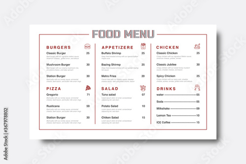 Minimalist food menu design for restaurant