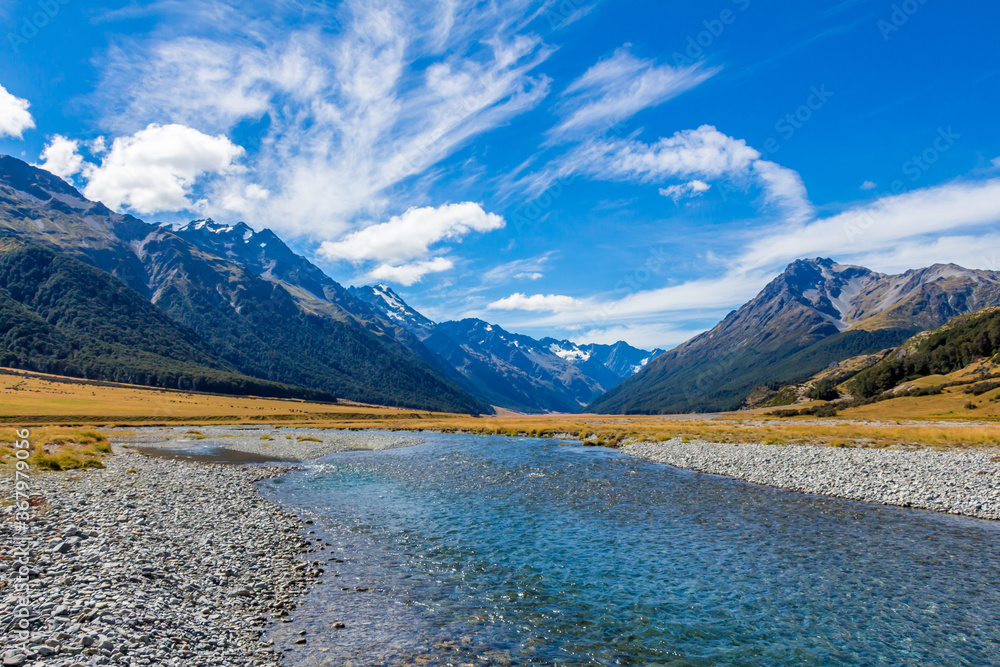 The upper Ahuriri River on a sunny day, surrounded by snow capped mountains