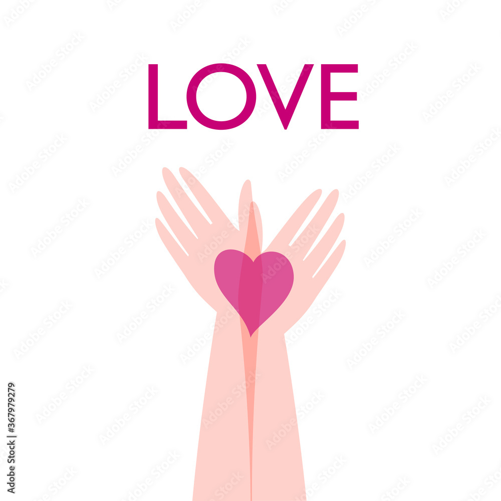 Obraz premium Hands together hold the heart. Wedding love symbol, Valentine's Day. Invitation, greeting card, banner, logo.