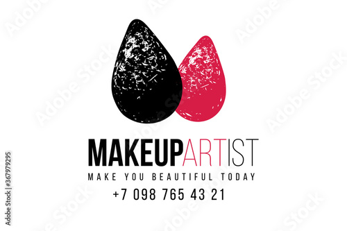 Beauty blender sponge. Makeup artist logo, t-shirt design and business card concept. Hand drawn graphic vector fashion illustration in watercolor style. Black art on white background