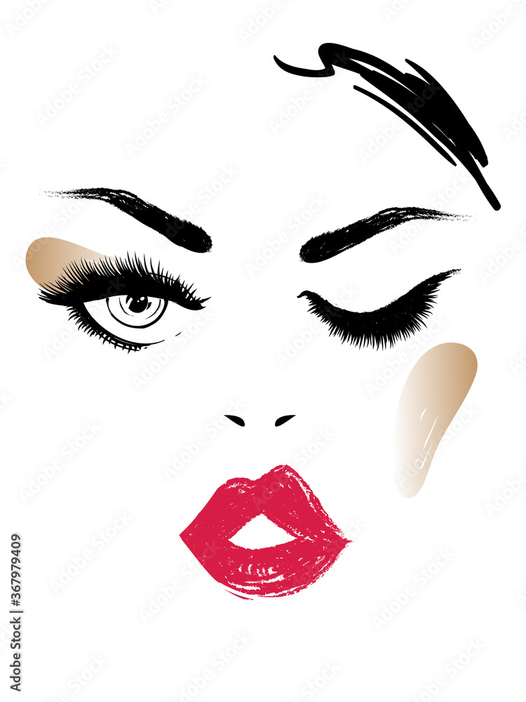 Obraz premium Beautifule woman portrait fashion illustration. Hand drawn graphic in watercolor style. Black art on white background