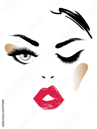 Beautifule woman portrait fashion illustration. Hand drawn graphic in watercolor style. Black art on white background