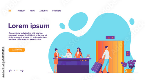 Tourists with luggage waiting at hotel reception desk, walking through lobby to elevator. Receptionists welcoming guests at counter. Vector illustration for hotel business, hospitality, travel concept