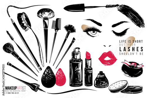 Makeup artist tools and beauty products. Vector fashion illustration set. Isolated elements on white background. Hand drawn graphic in watercolor style.