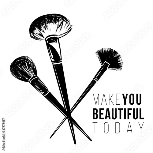 Stylish greeting card with powder brushes and make you beautiful today text. Professional makeup artist background. Black fashion illustration on white background. Hand drawn art in watercolor style