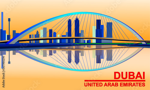 The symbols of Dubai - United Arab Emirates - Tolerance bridge across the canal background view with Dubai city drawing in vector