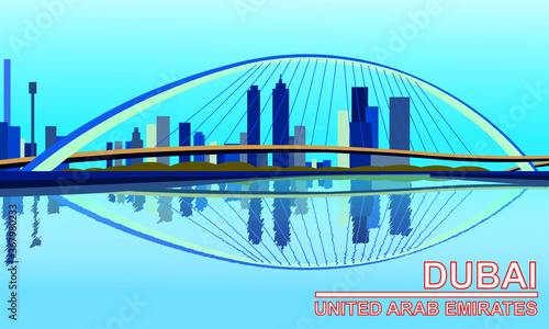 The symbols of Dubai - United Arab Emirates - Tolerance bridge across the canal background view with Dubai city drawing in vector