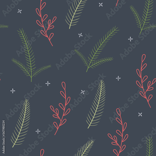 Christmas pattern with fir branches and snowflakes. Vector seamless pattern for the new year. Flat simple style. For wrapping paper  fabric  Wallpaper  scrapbooking.