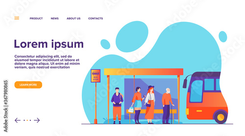 Passengers waiting for public transport at bus stop flat vector illustration. Cartoon characters using auto. Transportation and conveyance concept.