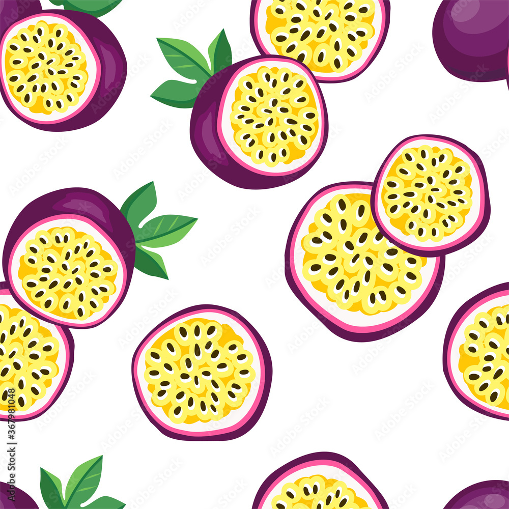 Hand drawn vector seamless pattern passion fruit. Print design for  fashionable textile. Fruit trendy summer fabric. Stock Vector