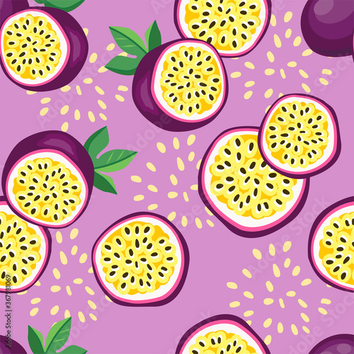 Hand drawn vector seamless pattern passion fruit. Print design for fashionable textile. Fruit trendy summer fabric.