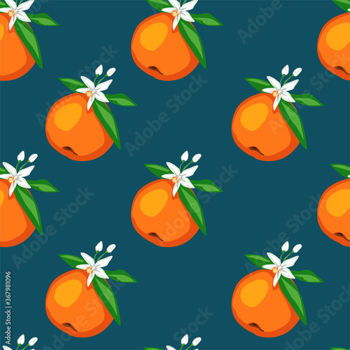 Seamless pattern blooming orange Fruits with leaves and flowers Vector illustration. Trend Fruit Print for textiles.