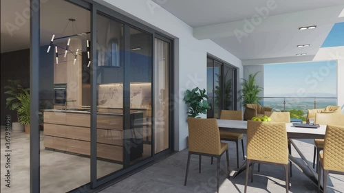 3D-Illustration. Camera flight through  the apartment with a terrace and a view of the open horizon