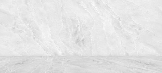Room empty of white marble flooring with for interior decoration used as studio background wall to display your products.