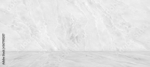 Room empty of white marble flooring with for interior decoration used as studio background wall to display your products. © chiew