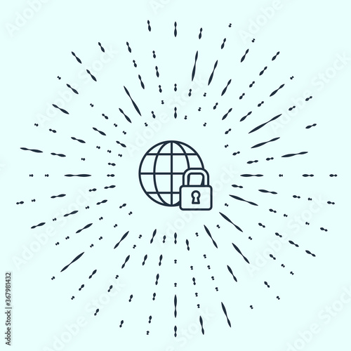 Black line Global lockdown - locked globe icon isolated on grey background. Abstract circle random dots. Vector.