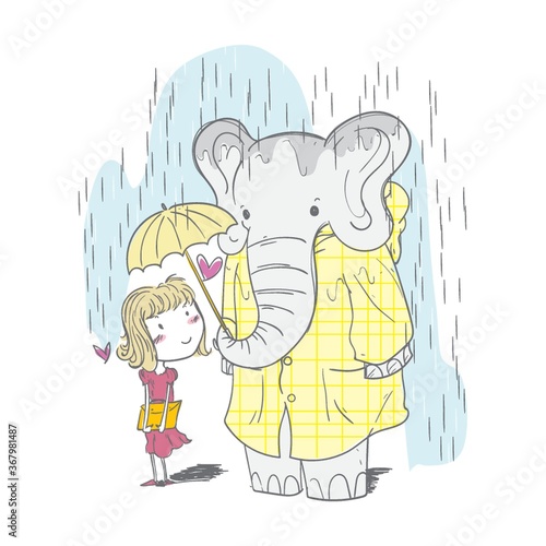 elephant sharing an umbrella with a girl