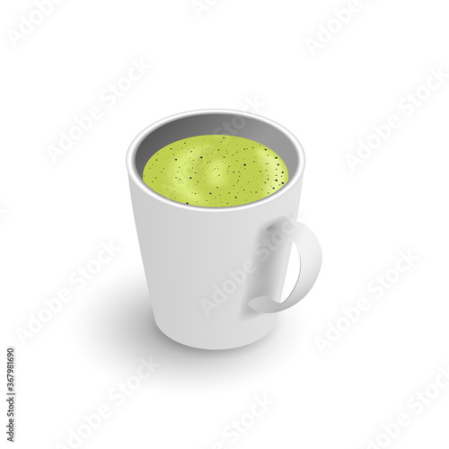 Realistic 3d cup of hot aromatic green Japanese tea matcha latte drink. A teacup isometric view isolated on white background. Vector illustration for web, design, menu, app