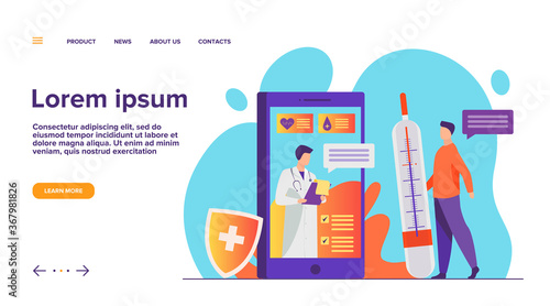 Online doctor support via smartphone vector illustration. Mobile medicine assistance chat with physician or nurse. Medical treatment, healthcare, and pharmaceutics concept for website design