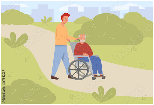Young son social worker strolling with old man on wheelchair in green park. Elderly senior age disabled outdoor with volunteer. Concept for assisted living or nursing home. Flat vector illustration.