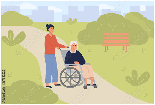 Young daughter social worker strolling with old woman on wheelchair in green park. Elderly senior age disabled lady outdoor with volunteer. Assisted living or nursing home. Flat vector illustration.