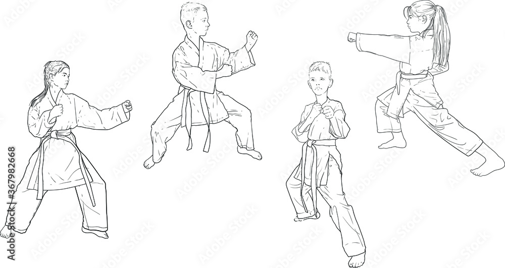 boys and girls in white kimonos practice karate standing in a fighting stance