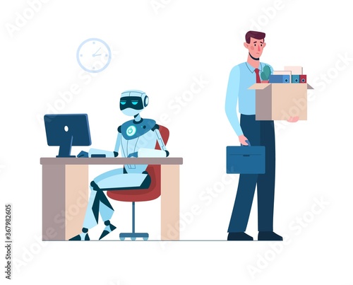 Man lost her job due to robotics. The robot is in the workplace, and person is fired. Business people, unemployment. Flat vector illustration isolated. Artificial intelligence has replaced humans