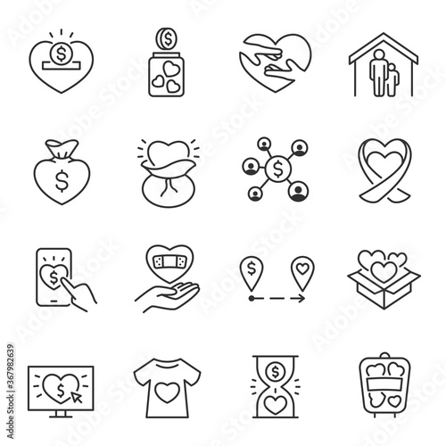Charity, icon set. Voluntary giving of help, charitable organization, fundraising, linear icons. Line with editable stroke