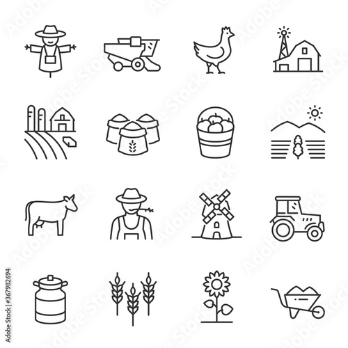 Farm, agriculture icon set. Cultivating plants and livestock, farming, linear icons. Line with editable stroke