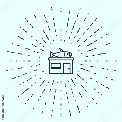 Black line Seafood store icon isolated on grey background. Facade of seafood market. Abstract circle random dots. Vector..