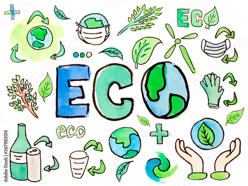 Watercolor hand painted ecology recycling waste icons