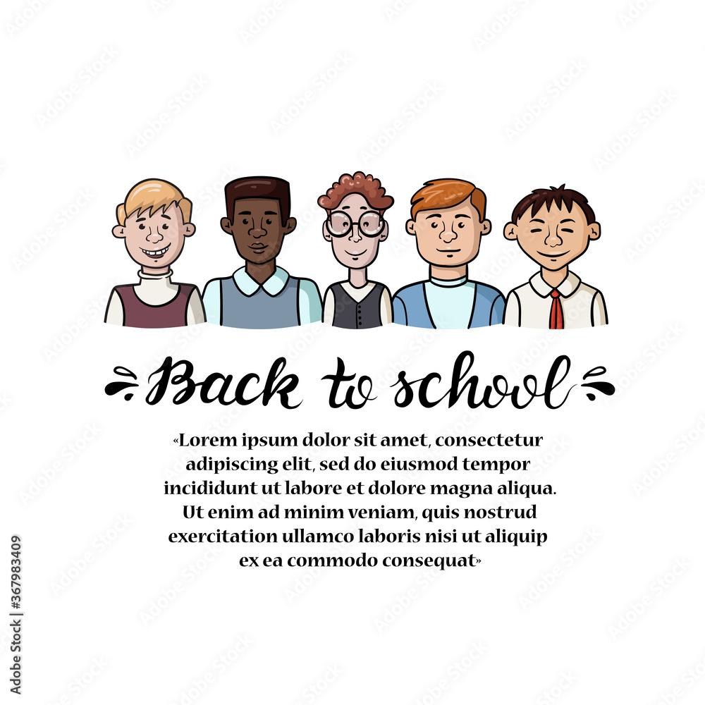 Vector cartoon illustration with text. Isolated group of multiracial students on white color. Colorful portrets of boys Vector cartoon illustration with text. Isolated group of multiracial students on white color. Colorful portrets of boys