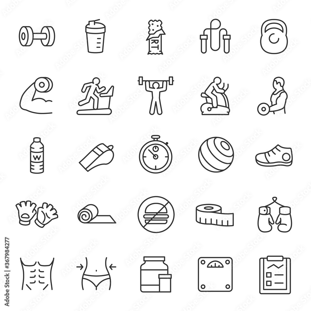 Fitness icon set with 100 vector pictograms. Simple filled gym