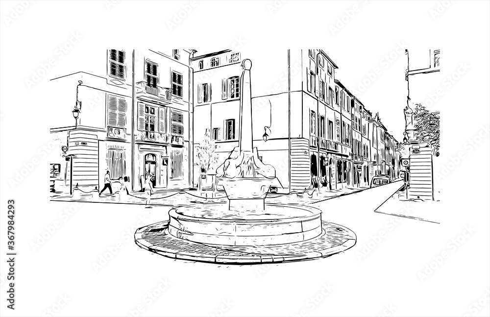 Building view with landmark of Aix-en-Provence is a university city in the region of southern France. Hand drawn sketch illustration in vector.