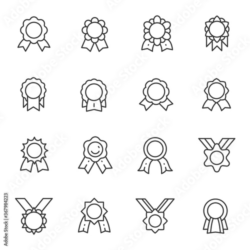 Medal with ribbon, icon set. awards, linear icons. Editable stroke