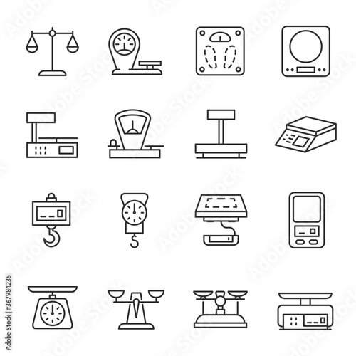 Weighing scale, icon set. Beam balance. Device to measure weight or mass, mechanical and electronic, linear icons. Editable stroke
