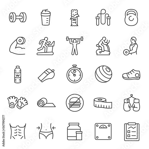 Gym, icon set. Fitness, linear icons. Line with editable stroke