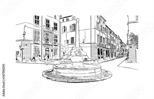 Obraz na płótnie Building view with landmark of Aix-en-Provence is a university city in the region of southern France. Hand drawn sketch illustration in vector. w salonie