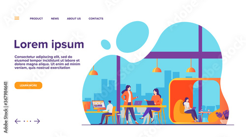 Modern business team working in open office space. Young people using laptop computers in creative co-working interior. Vector illustration for teamwork, community, work on project concept