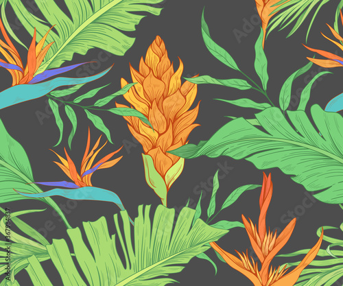 Colorful seamless pattern with exotic flowers and leaves. Dark background