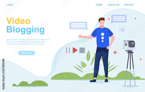 Vlogging or Video Blogging concept with the young man shooting video clip for social networks. Flat vector illustration