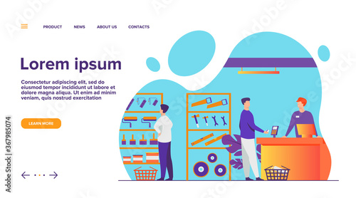 Tool shop customers. Men choosing instrument at showcase for painting or carpentry work, paying at checkout counter, consulting salesman. Vector illustration for hardware store, house repair concept
