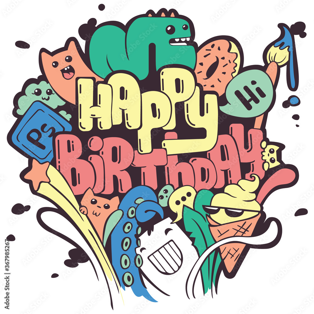 Fototapeta premium Happy birthday banner. Funny doodles. Congratulation card. Cute colorful banner with monsters. 
