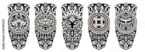 Set of tattoo sketch maori style for leg or shoulder  with sun symbols face and swastika.   © Marina Storm