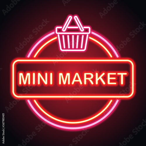 mini super market neon sign for super market plank add. vector illustration