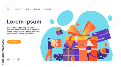 Loyalty program concept. People getting gifts and rewards from store, bonus points, discount. Flat vector illustration for promotion, commerce, sale, marketing topics