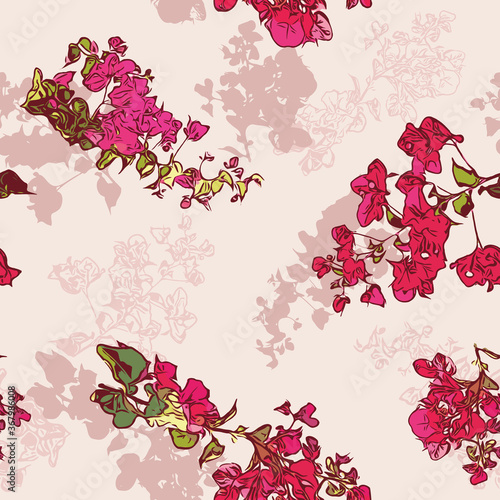 Pink bougainvillea layered floral seamless vector pattern background with gren foliage for fabric, wallpaper, stationery, scrapbooking projects or backgrounds.